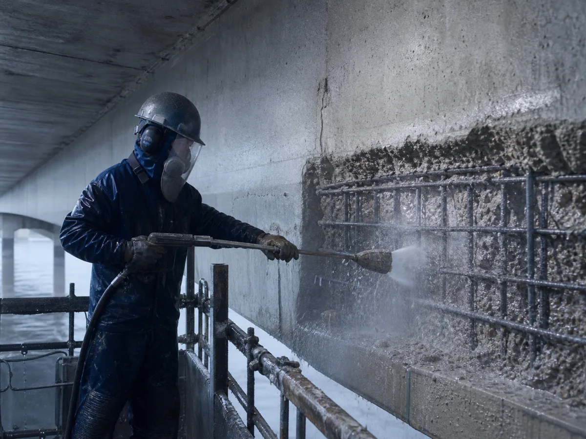 Fachkraft trägt Beton mit Hochdruckwasser ab und legt die Bewehrung frei