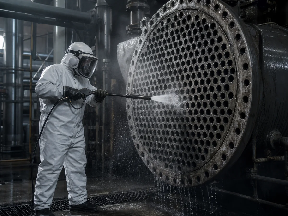 Fachkraft reinigt einen industriellen Wärmetauscher mit Hochdruckwasser