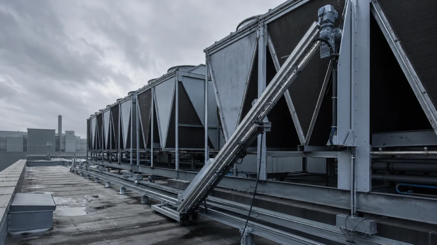 Automatisiertes Schienensystem zur Reinigung großer Kühlkörper auf einem Industriedach
